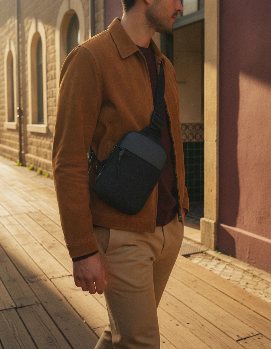 Homme marchant au soleil le long d'un mur ocre, un sac noir porté en travers de la poitrine