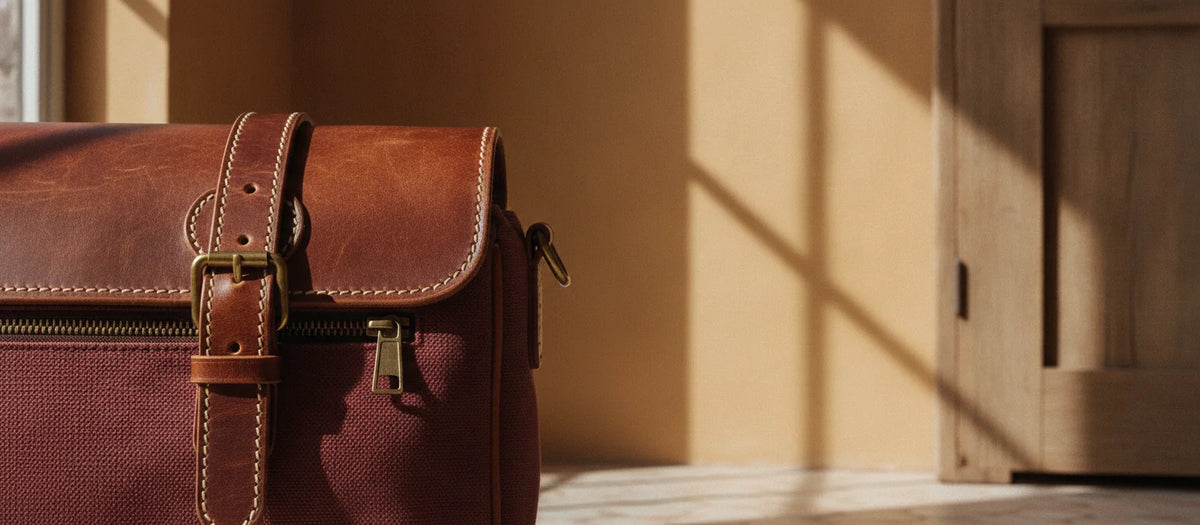 Gros plan d'une sangle marron à boucle dorée sur un sac en toile bordeaux, dans la lumière d'une fenêtre