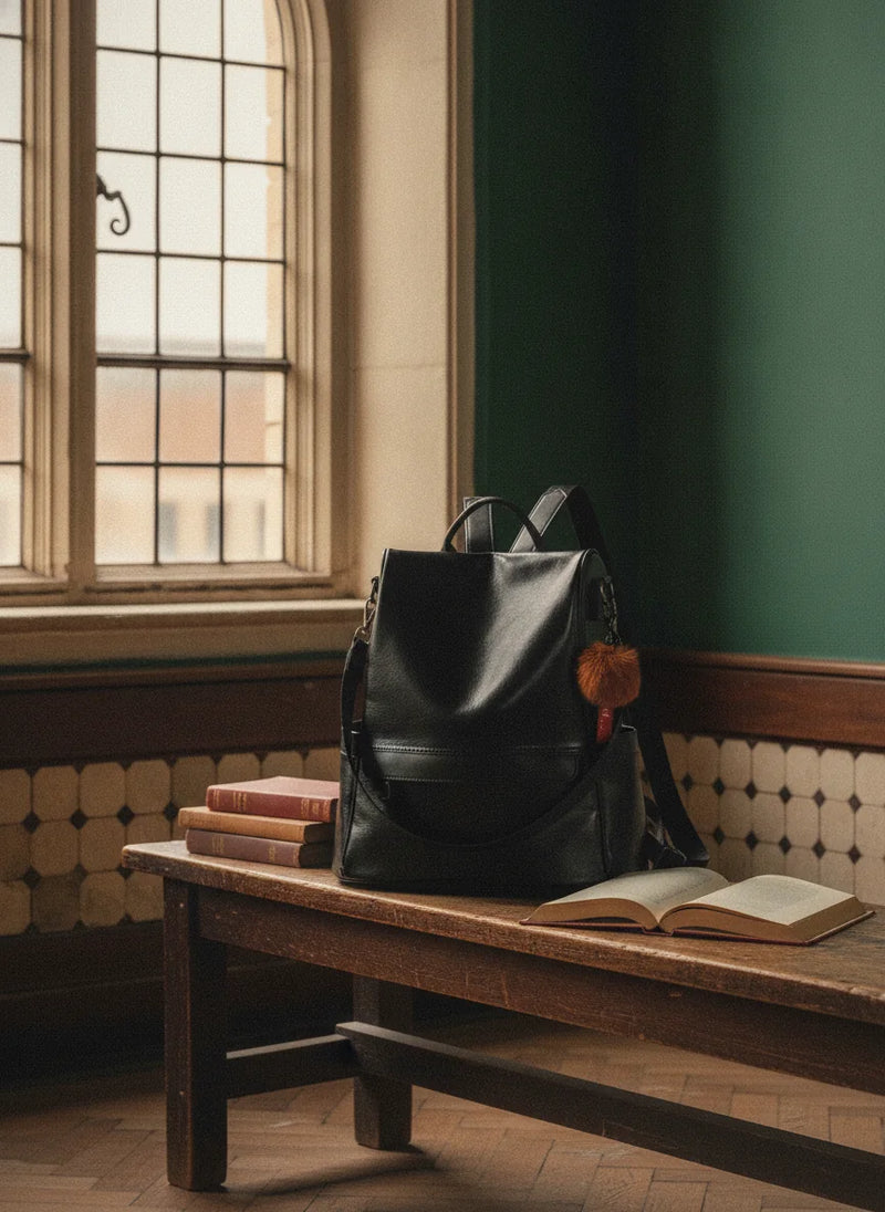 Sac à dos noir posé sur un banc en bois devant une grande fenêtre, mur vert et livres ouverts