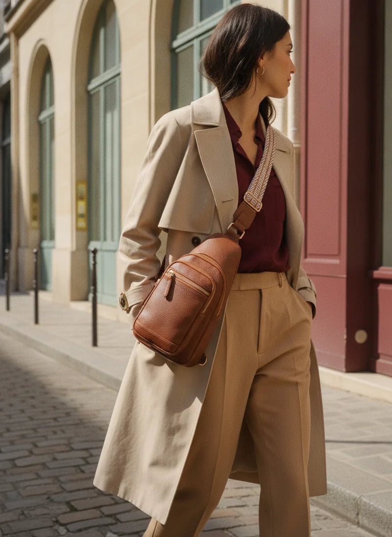 Femme en trench beige dans une rue ensoleillée, un sac bandoulière marron porté en travers