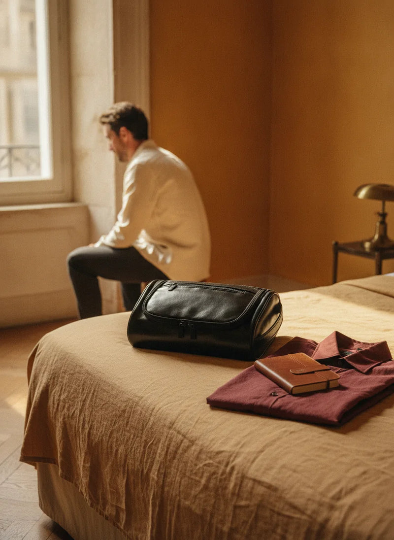 Trousse de toilette noire posée sur un lit à côté d'une chemise pliée, dans une chambre ensoleillée
