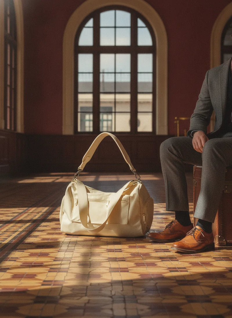 Sac de voyage crème posé sur le carrelage d'un hall de gare, près d'un voyageur assis
