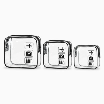 Trois pochettes transparentes pour trousse de toilette cabine avion en noir, bleu et violet