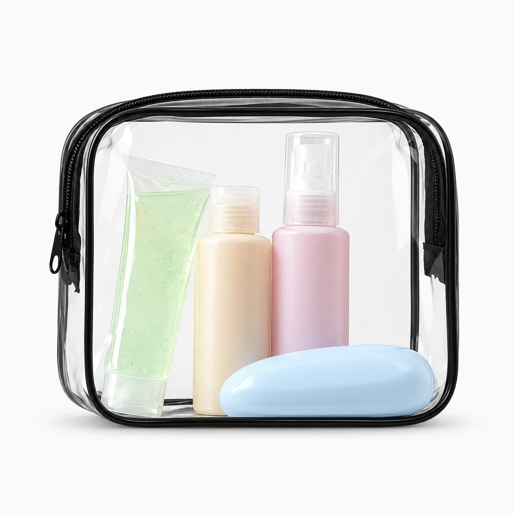 Petite pochette compacte en matière synthétique claire pour trousse de toilette en avion cabine