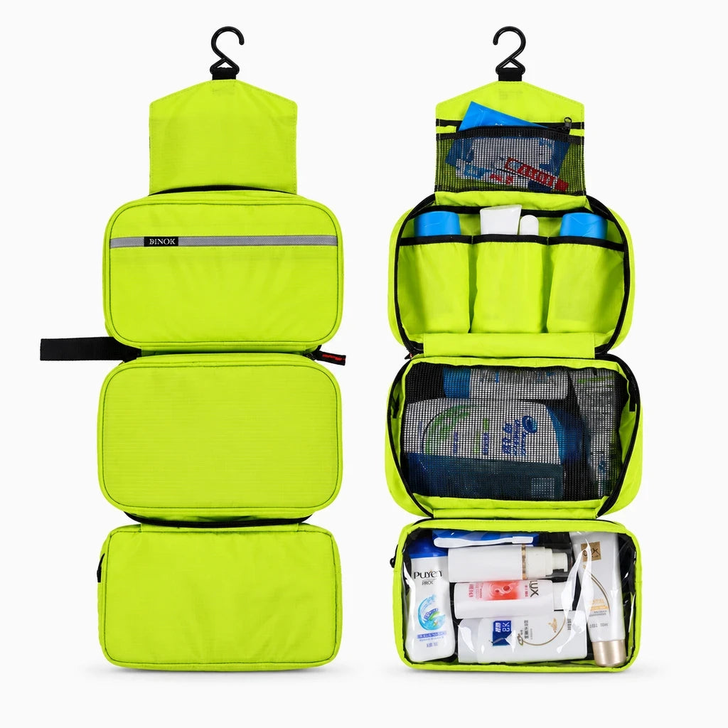 Trousse de toilette pour homme déployée montrant les multiples rangements intérieurs