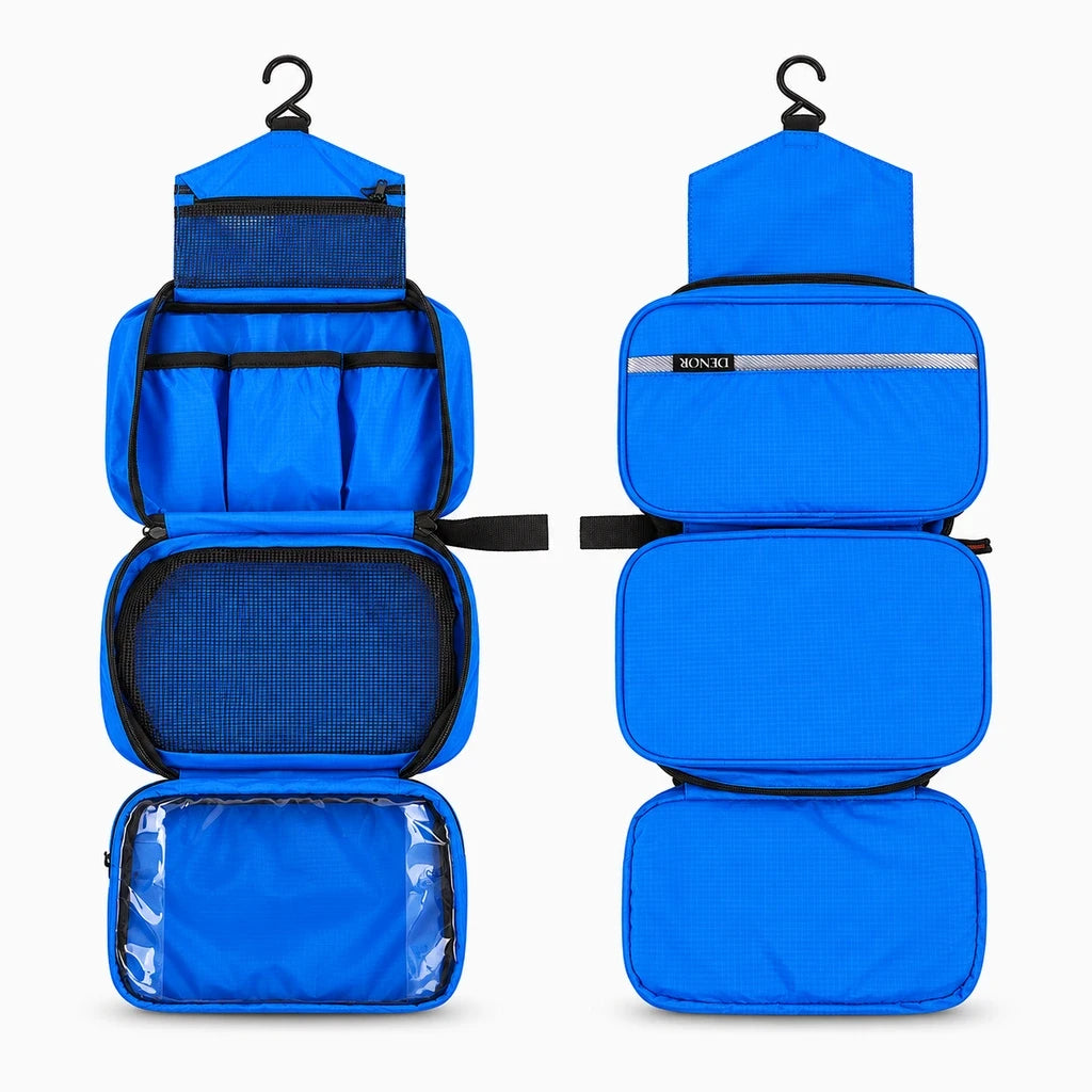 Trousse de toilette pour homme suspendue à une barre de douche avec accessoires rangés