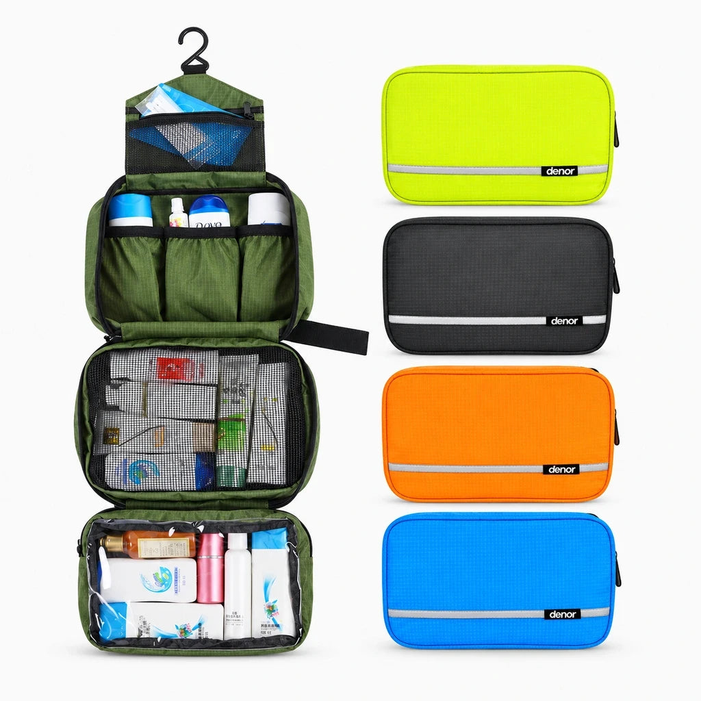 Grande trousse de toilette homme ouverte révélant l'organisation des compartiments internes