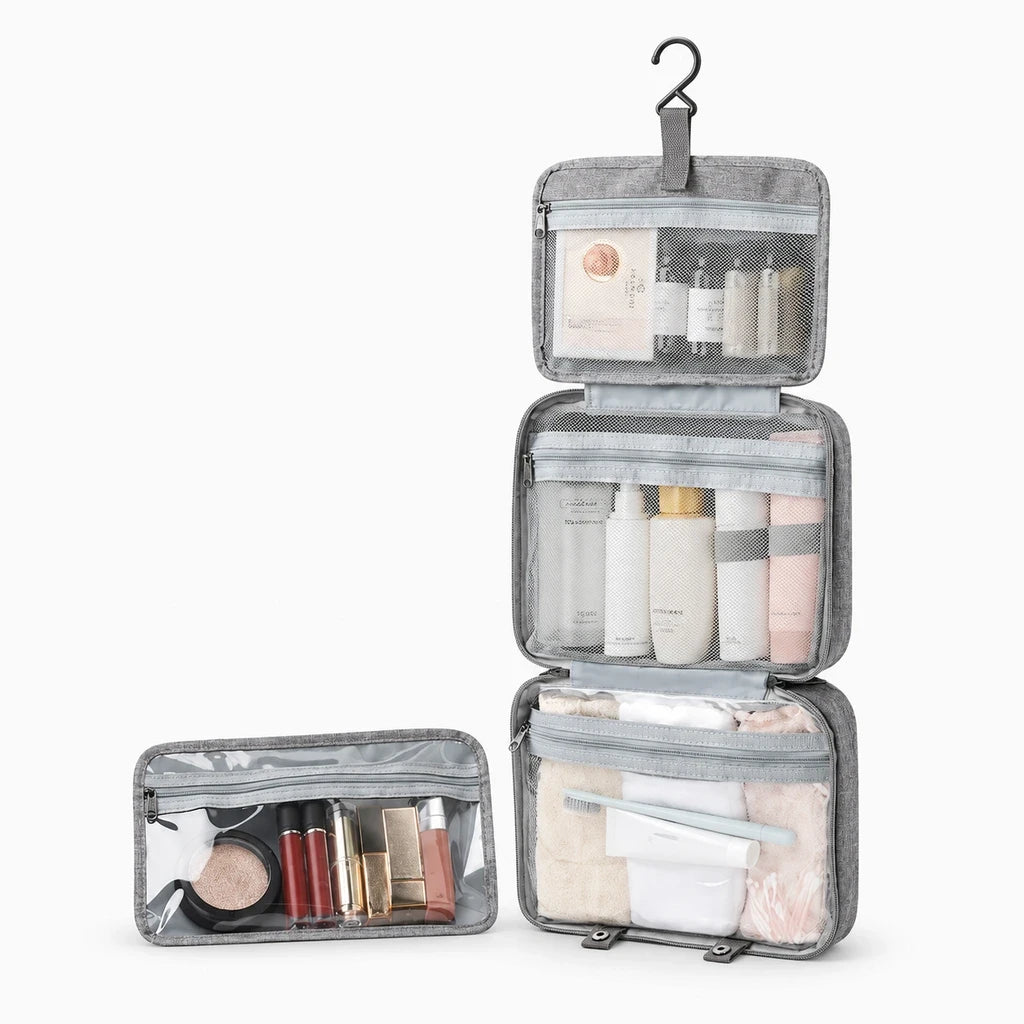 Trousse de toilette homme gris avec système de suspension pratique et tissu résistant