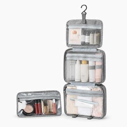 Trousse de toilette homme gris avec système de suspension pratique et tissu résistant