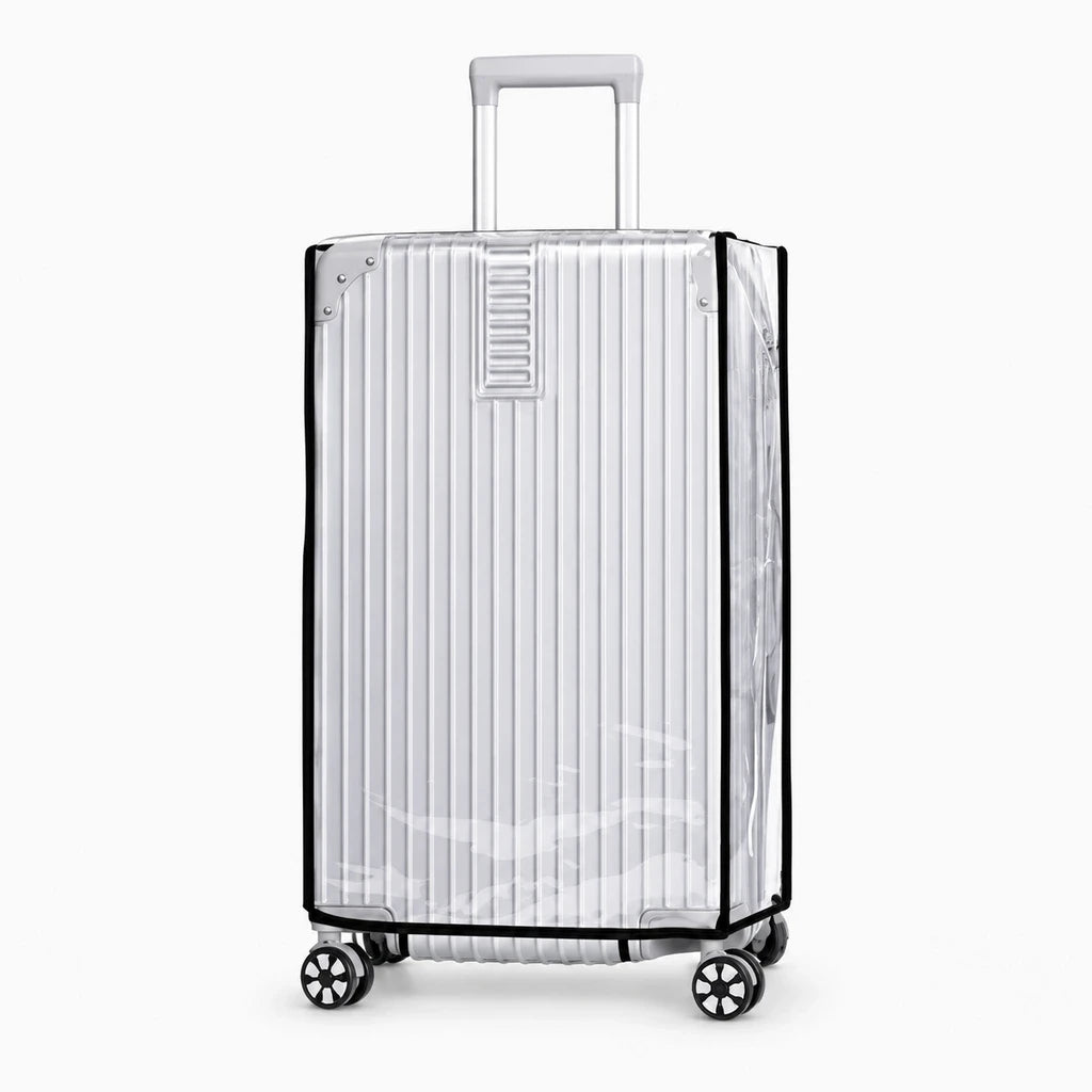 Housse protection valise transparente blanc, vue trois-quarts sur bagage de taille moyenne