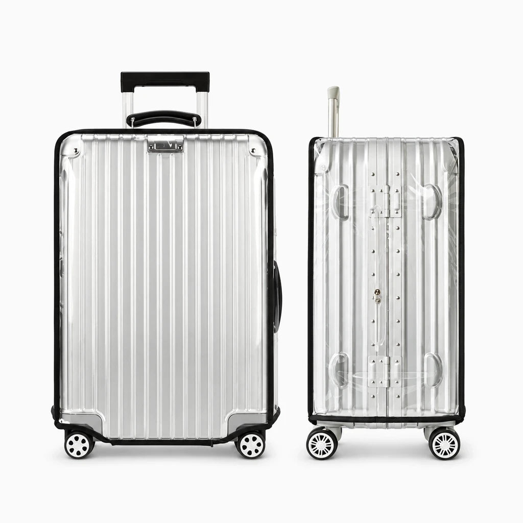 Ensemble housse protection valises transparent blanc, démonstration sur deux bagages