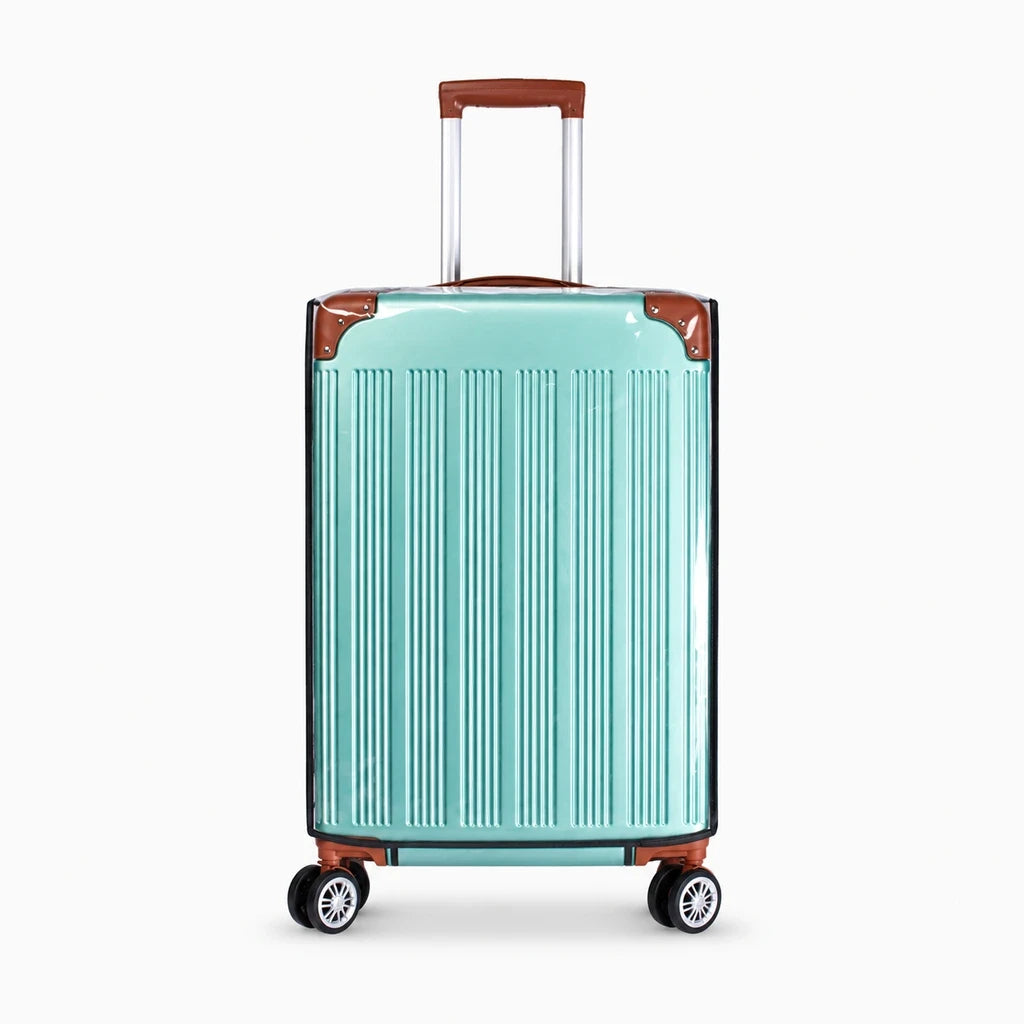 Housse protection valise turquoise clair, vue trois-quarts montrant la transparence et l'ajustement