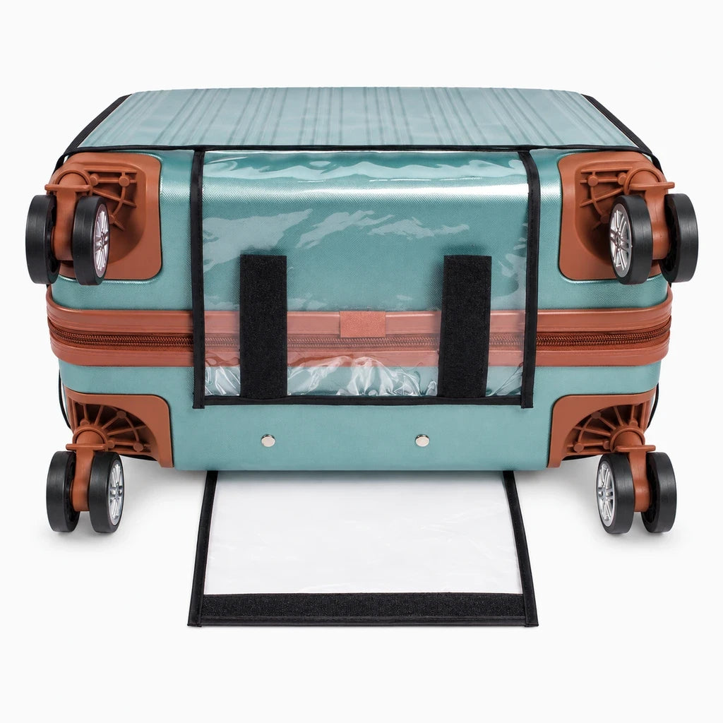 Housse protection valises turquoise, vue de dessus sur bagage, protection anti-poussière