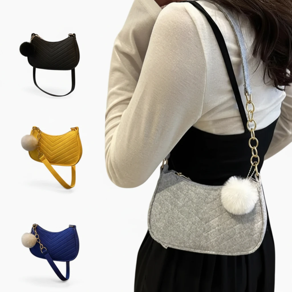 Format compact bandoulière, sac femme en feutre tons neutres, style affirmé