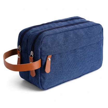 Petite trousse de toilette bleu foncé, sac portable de voyage avec poignée pratique