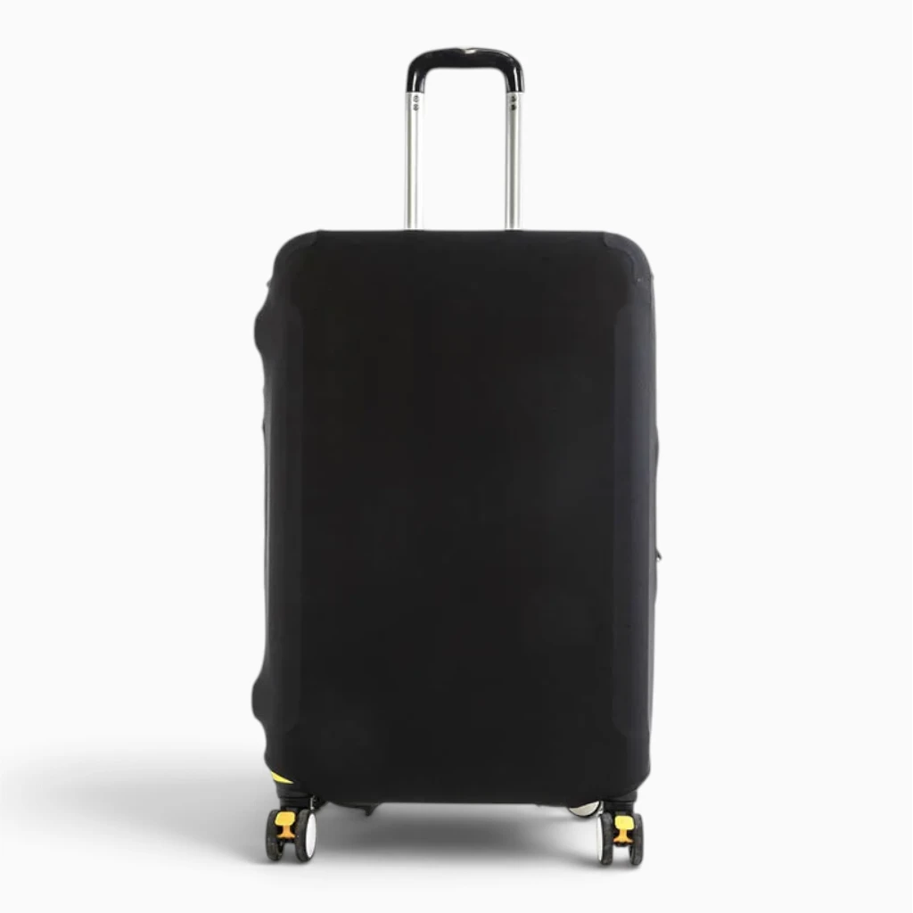 Protège valise extensible en tissu souple enveloppant une valise de voyage