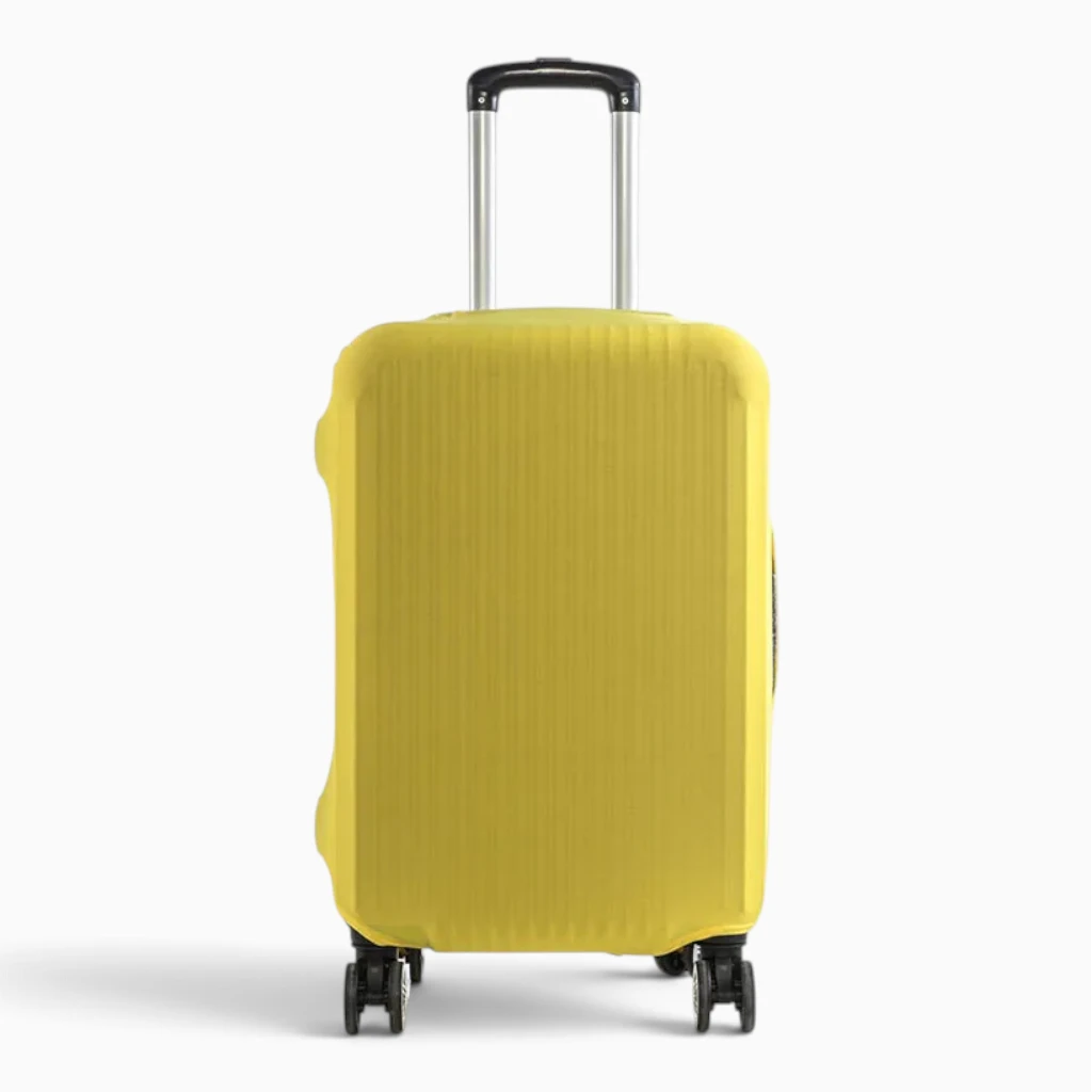 Protège valise enfilé sur bagage en tissu stretch translucide