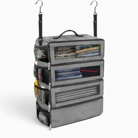 Rangement valise gris avec cubes suspendus pour organiser vêtements et accessoires
