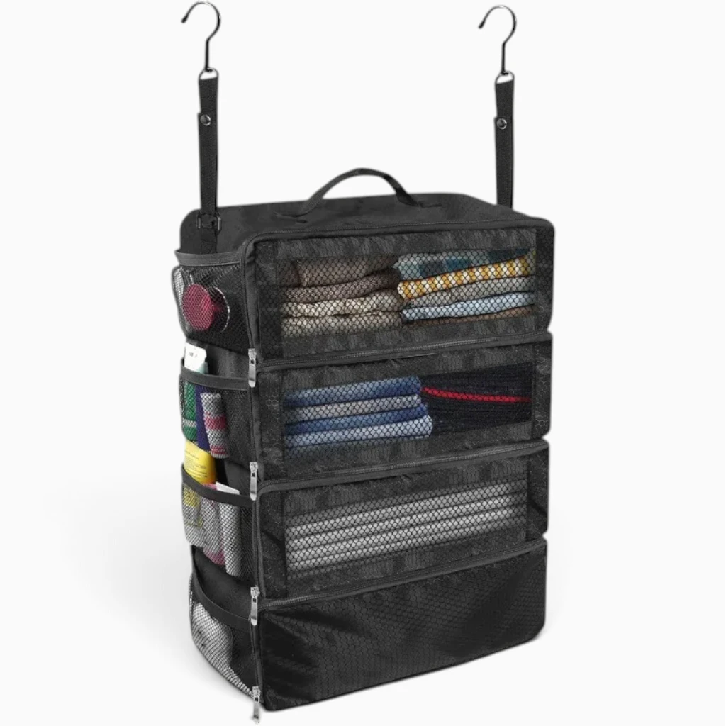 Valise de rangement pliable noir fermée, design compact pour bagages