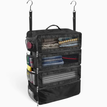 Valise de rangement pliable noir fermée, design compact pour bagages