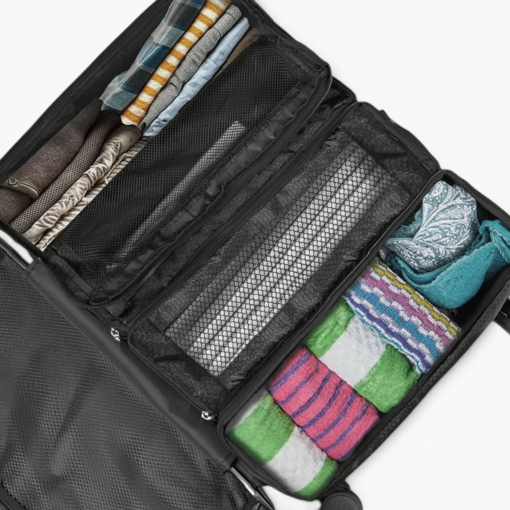 Valise de rangement noir détail des cubes et fermetures de compartiments