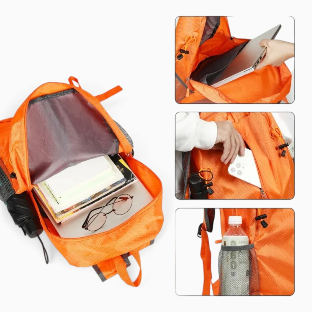 Sac à dos garçon plié compact, prêt à être glissé dans un sac de sport ou une valise