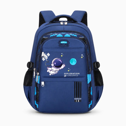 Sac d'école enfant noir avec illustrations cosmiques, structure compacte