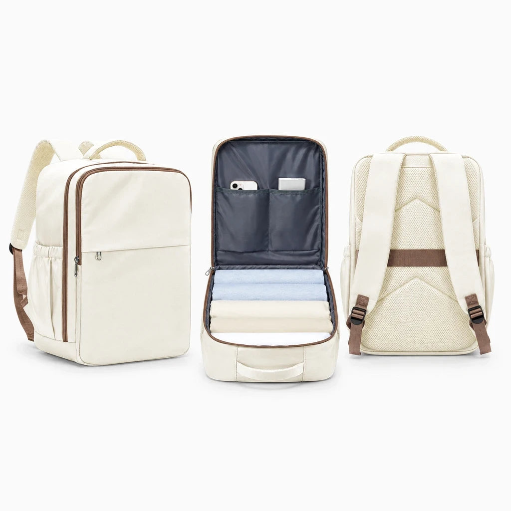 Sac à dos de travail beige pour femme glissant sous siège avion, format cabine réglementaire