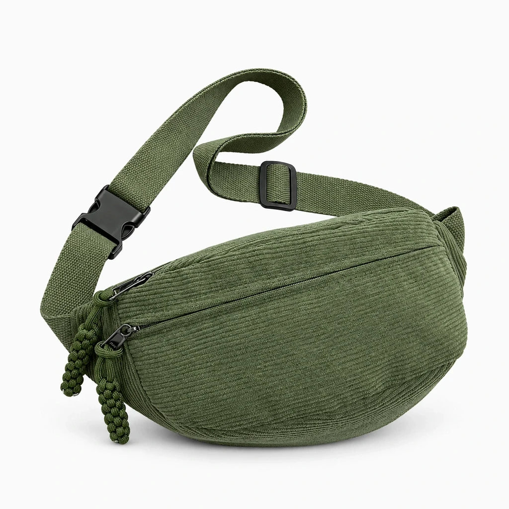 Vue frontale du sac banane marron avec compartiment spacieux et design épuré