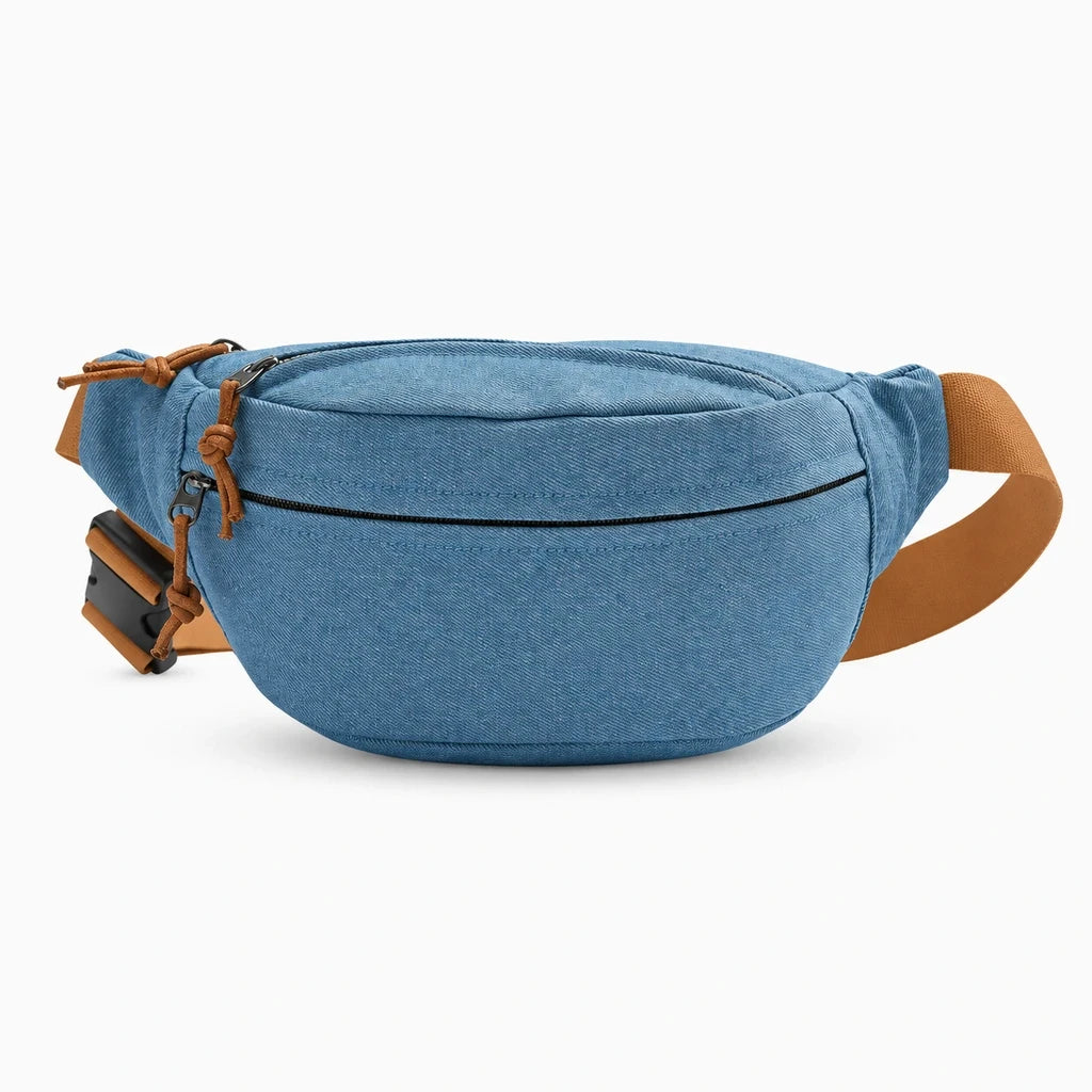 Pochette ceinture marron en velours côtelé légère et pratique pour voyager léger