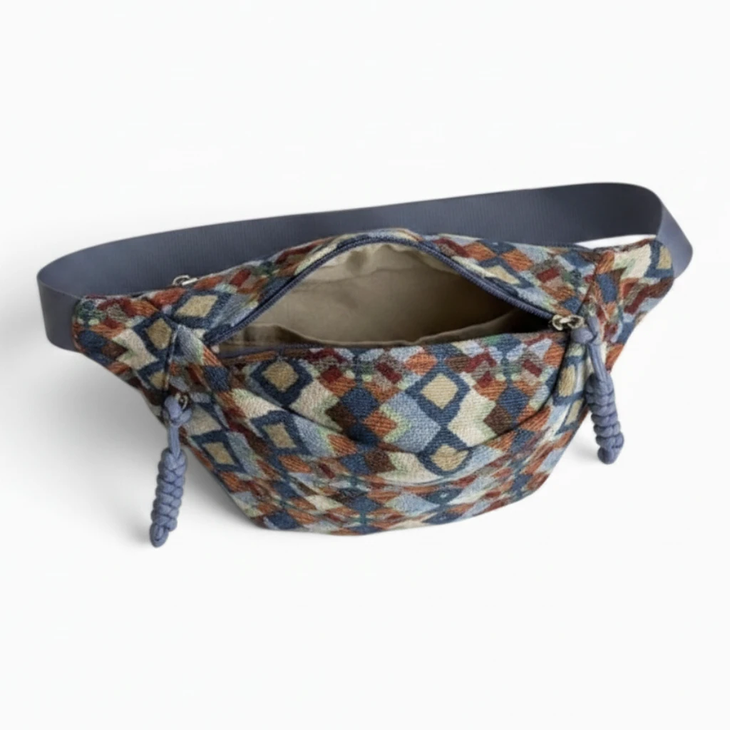 Grand sac banane femme kaki, vue de face avec compartiments pratiques