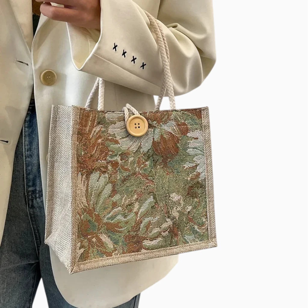 Détail de la toile en lin du sac cabas, texture naturelle et légère