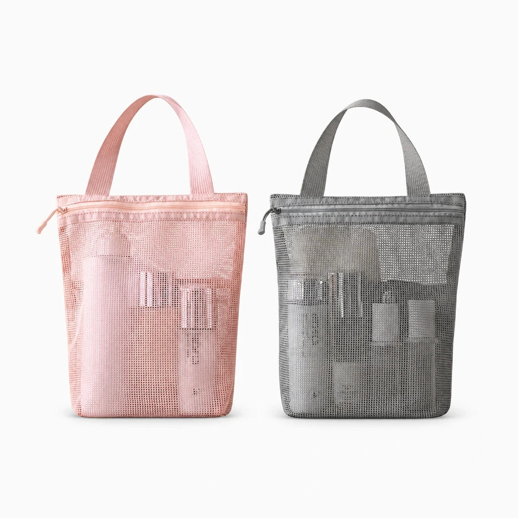 Ensemble composé de deux sacs de toilette rose en maille, rangement organisé