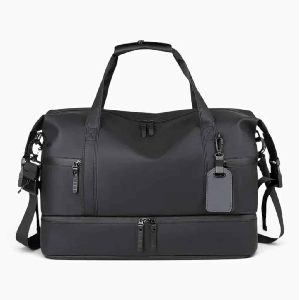 Sac duffel noir avec bandoulière simple, vue de face