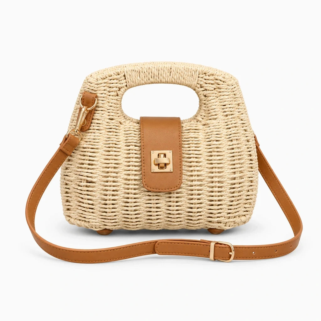 Sac été avec bandoulière libérant les mains, couleur beige naturel pour tenues estivales