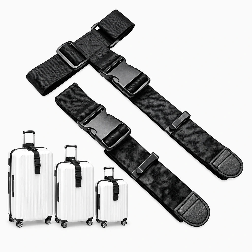 Sangle bagage élastique réglable avec boucle de fermeture rapide sur valise rigide