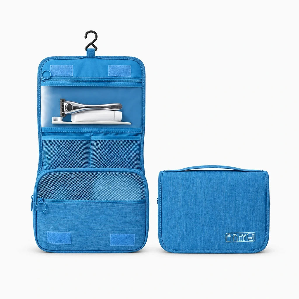 Trousse de toilette pliable femme en tissu souple, vue dépliée complète