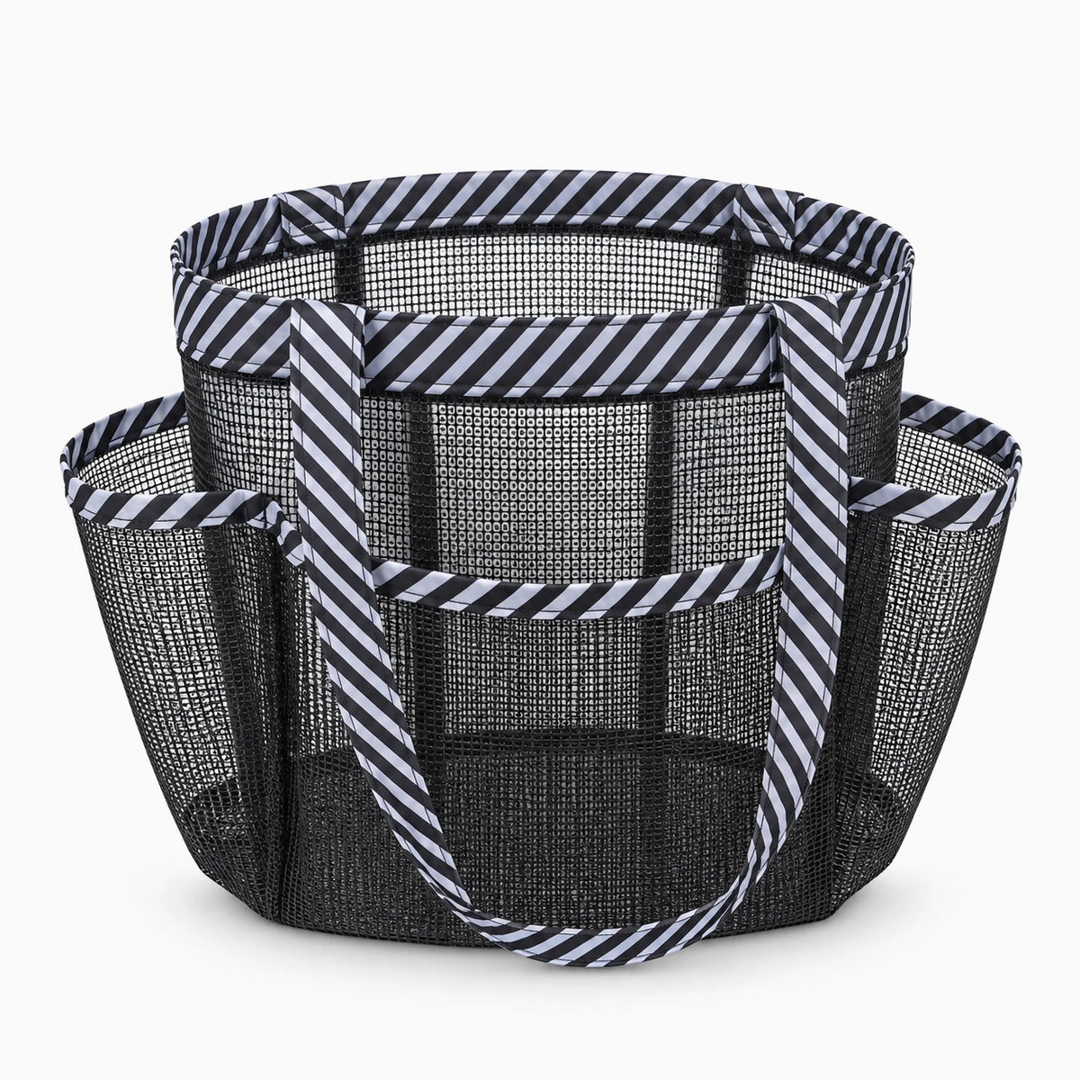 Trousse de toilette tissu à motif rayé, dépliée montrant l'intérieur spacieux