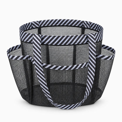 Trousse de toilette tissu à motif rayé, dépliée montrant l'intérieur spacieux