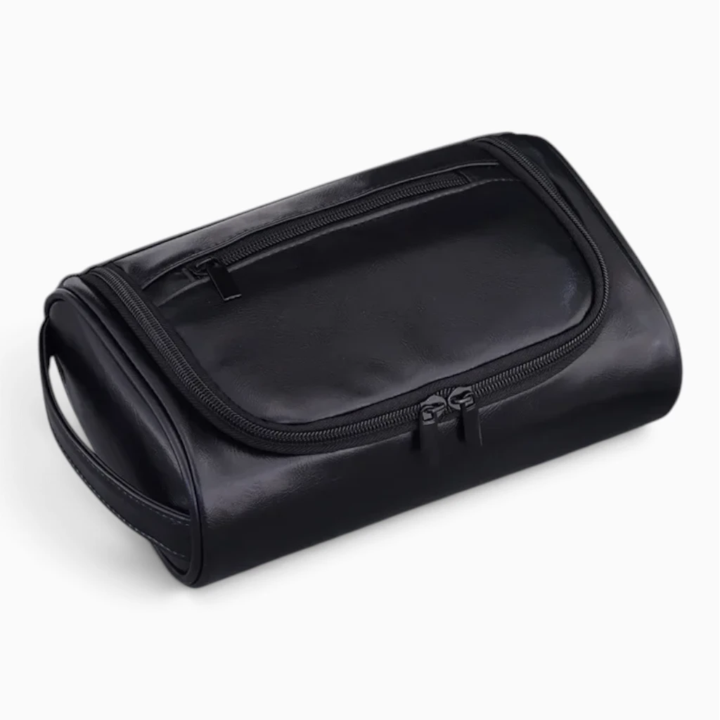 Trousse de toilette femme voyage en cuir PU noir, silhouette rétro compacte
