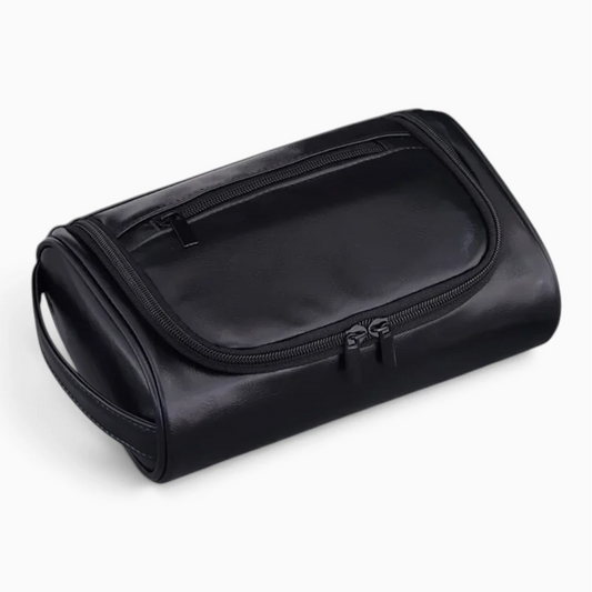 Trousse de toilette femme voyage en cuir PU noir, silhouette rétro compacte