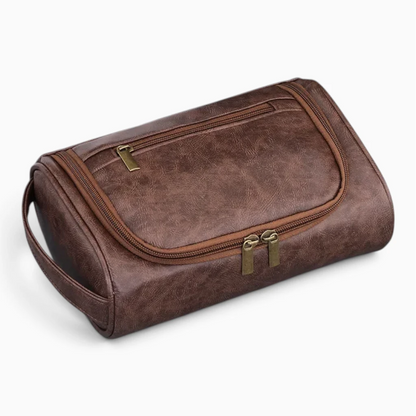 Trousse de toilette de voyage femme marron, revêtement étanche, vue de face