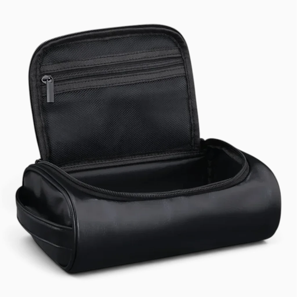 Pochette de toilette femme voyage en cuir PU noir, poignée pratique pour transport
