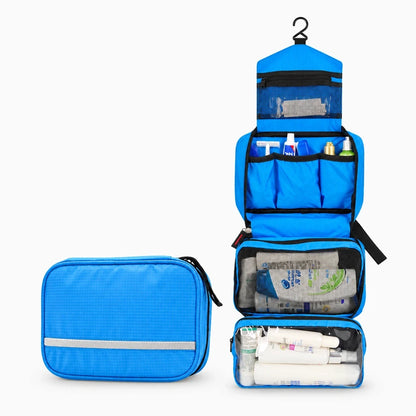 Trousse de toilette pliable en textile avec crochet de suspension, fermée
