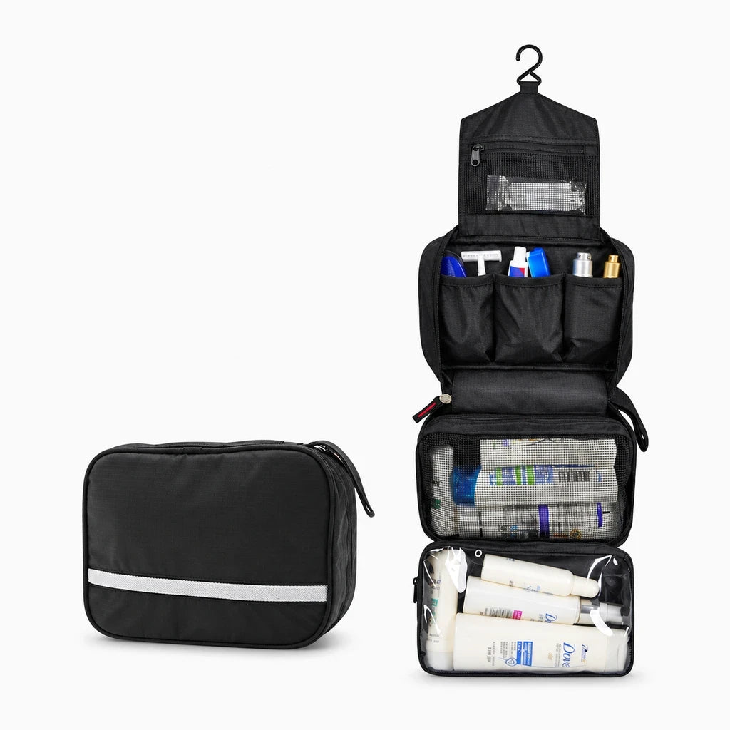 Trousse de toilette pliable remplie de flacons et accessoires de douche