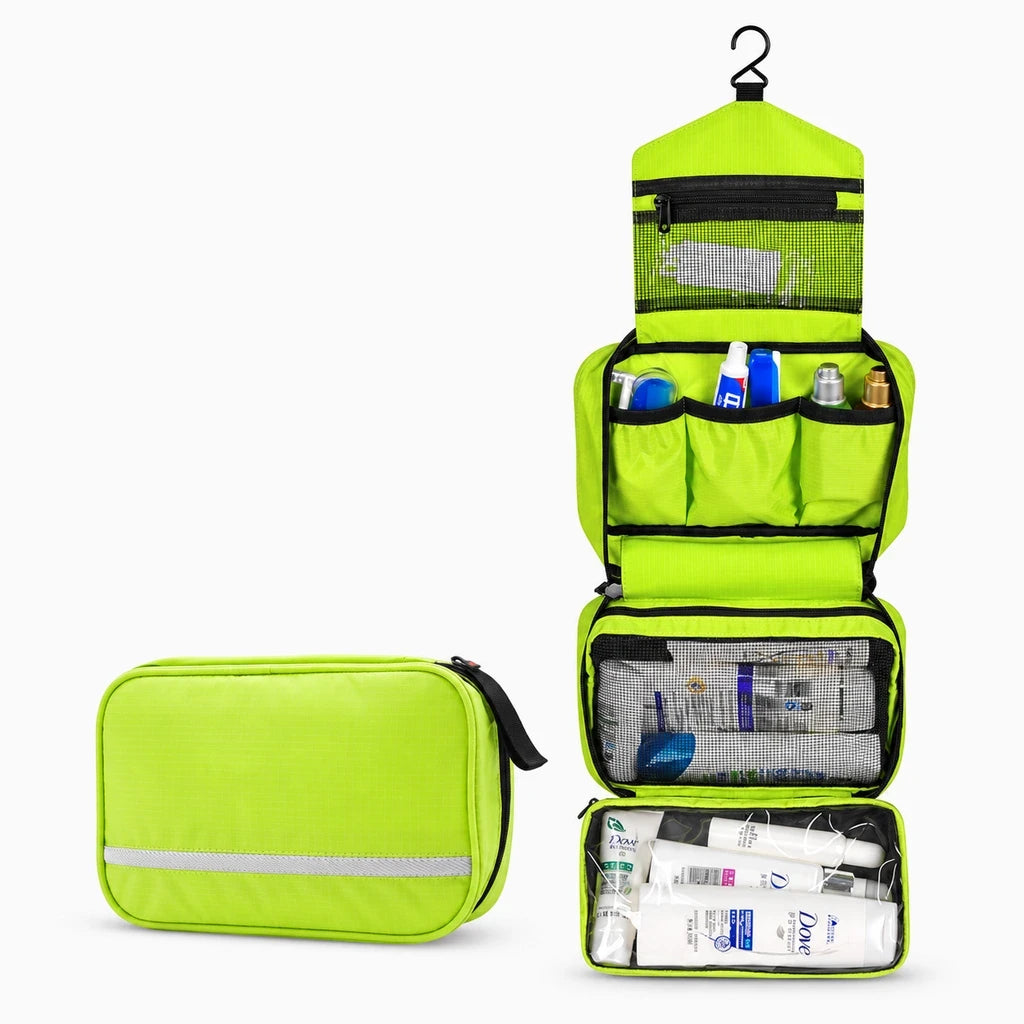 Gamme de couleurs de la trousse de toilette : bleu, vert, orange et noir