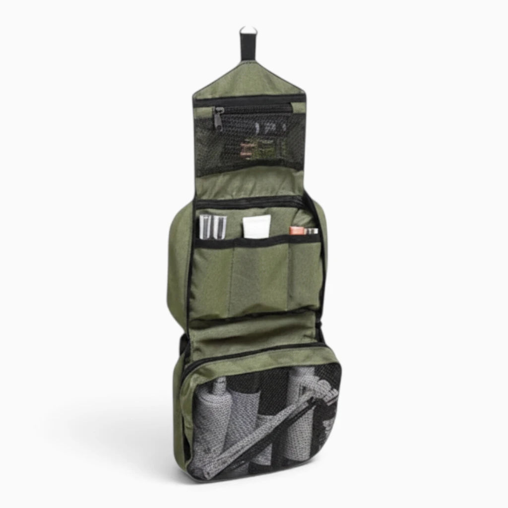 Trousse compacte de voyage en tissu imperméable, fermée et prête à ranger en valise